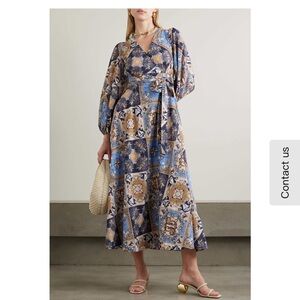 Zimmermann Patchwork Sailor Print Blue and Tan Long Sleeve Wrap Dress